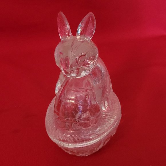 VTG Clear Glass Bunny Rabbit Nut on Nest Covered Trinket Oval Candy Dish Peach T - Picture 1 of 11